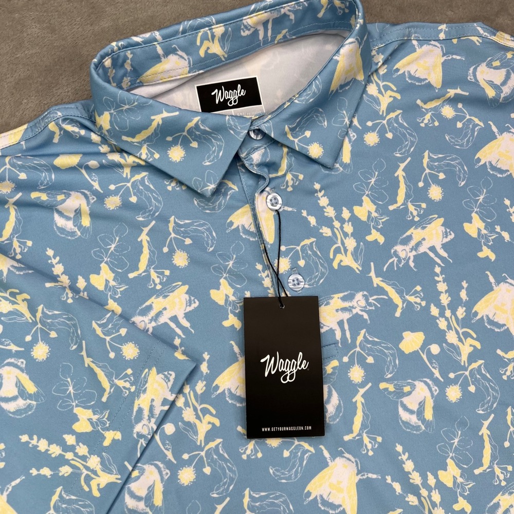 Waggle Buzzin Polo Shirt Mens 2XL Blue‎ Yellow Bee Floral Performance Stretch